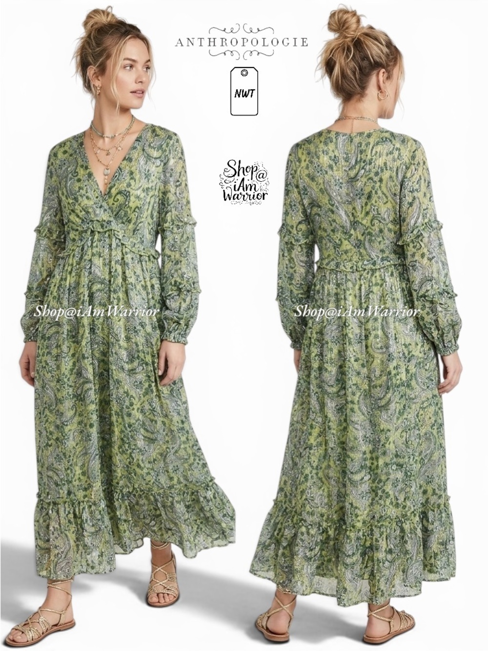 Anthropologie NWT Ranna Gill shimmer paisley long sleeve maxi dress *iamwarrior